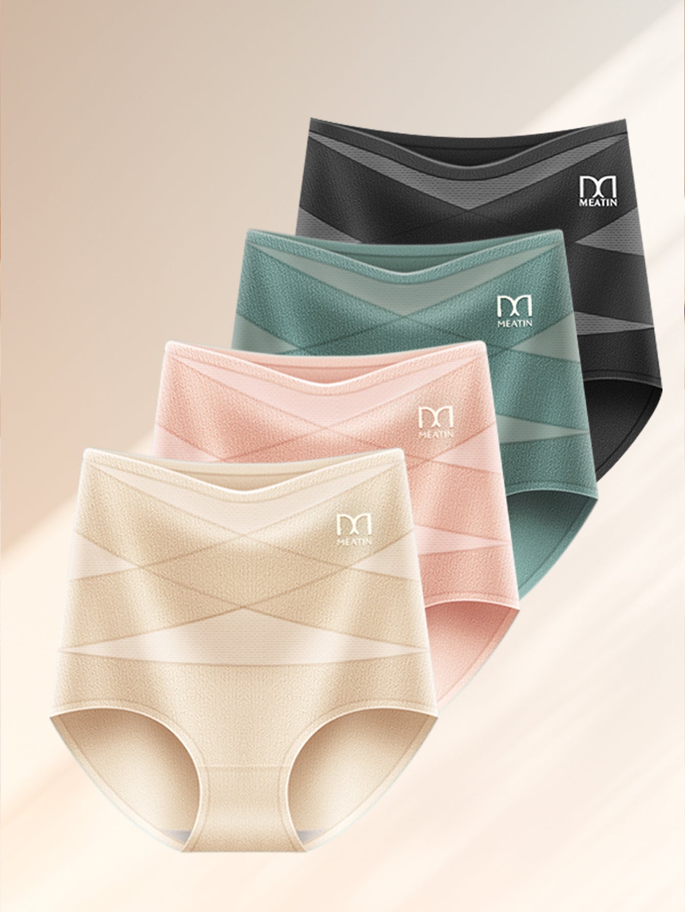 4pcs of high-waist Women's panties designed for postpartum tummy tuck, hip lifting, and shaping. Featuring cross belt splicing, they offer comfort and breathability, making them suitable for home, work, and adjustable high-waisted comfort.