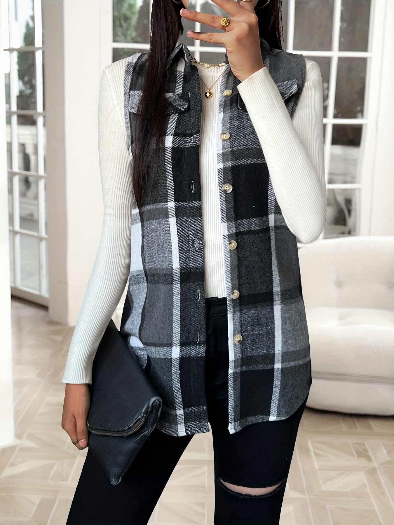 Fashionable Women'S Lapel Vest Jacket in Plaid for Spring, Autumn, And Winter