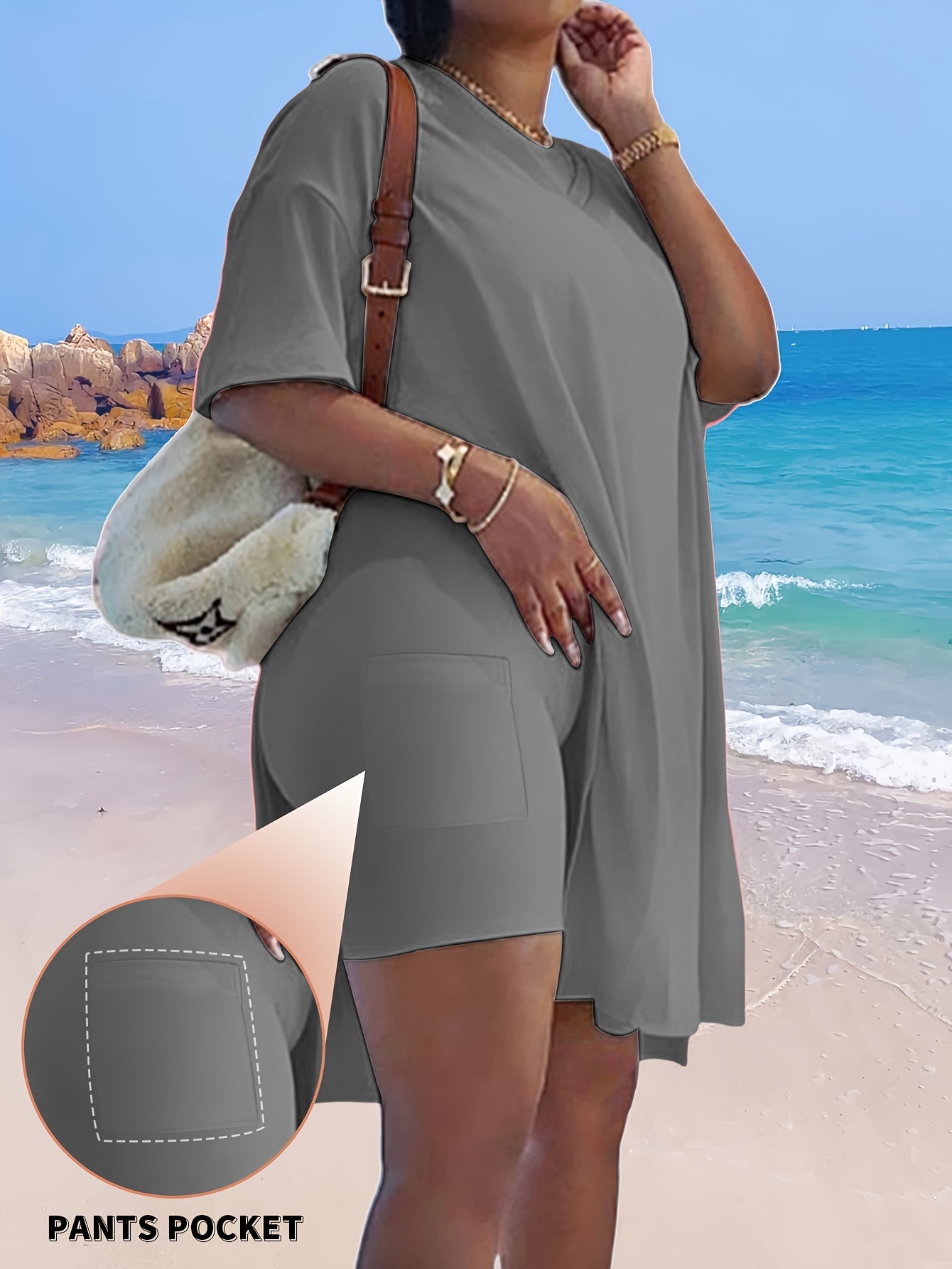 2pcs Set, Plus Size Women's Suit, Short Sleeve, Belted Waist, Top And Leggings