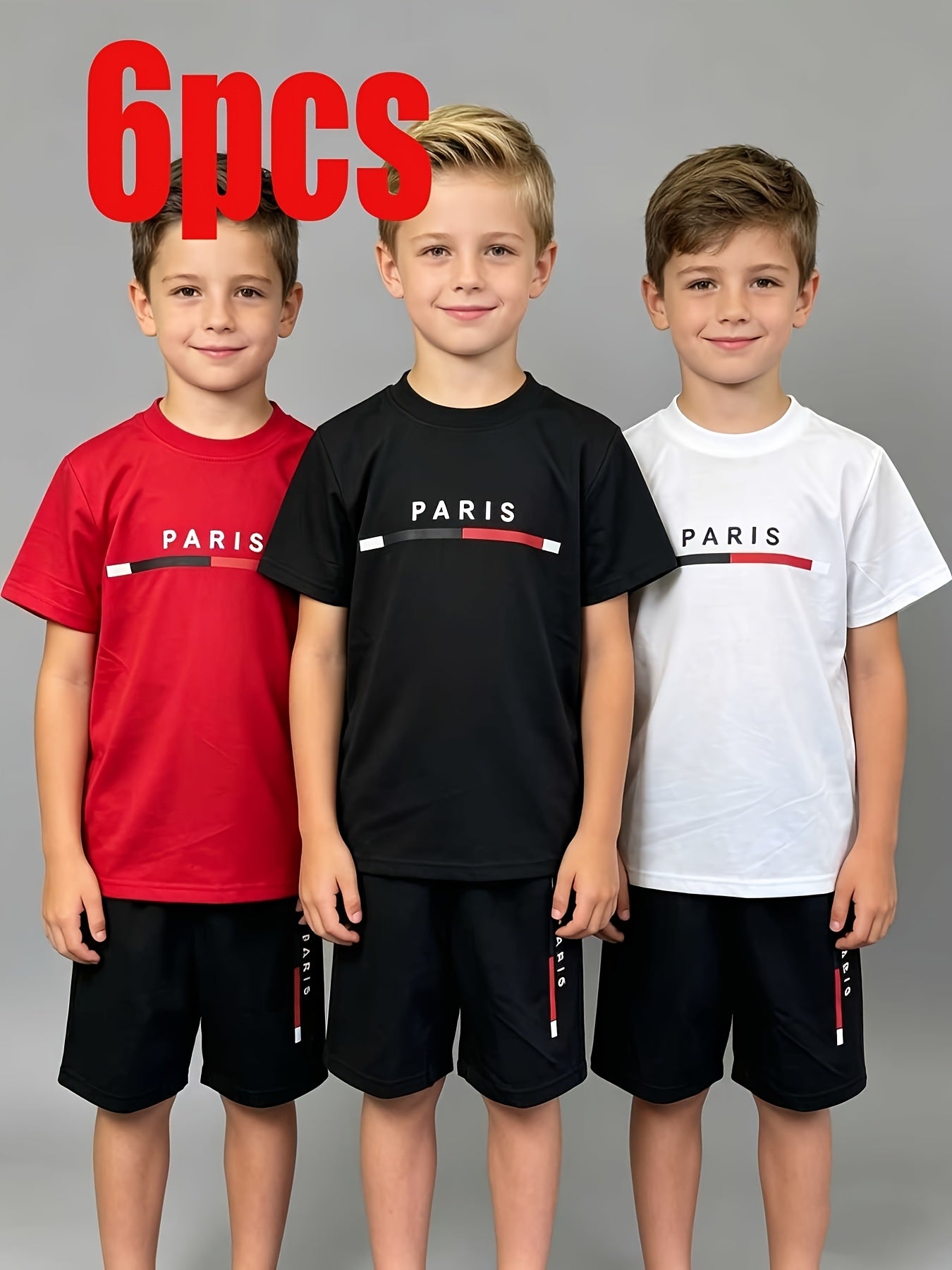 6pcs Boys' Breathable, Comfortable, And Stylish Printed Round-neck Short-sleeve And Shorts Set - Spring/Summer/Autumn Casual Wear, Leisurewear | Sporty Style | Stretchy Fabric, Suitable for Outdoor, Perfect for Outdoor