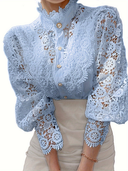French Elegance Shows Temperament Comfortable Loose Chic Button Heavy Lace Cutout Flower Patchwork Shirt -  For Women -  Suitable for Casual Wear - Perfect Gift for Fashion Lovers