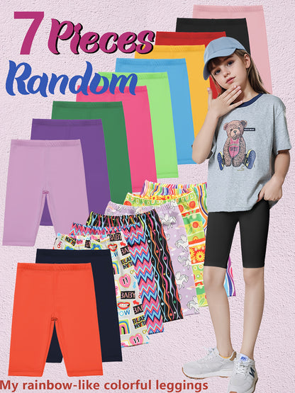 Random 7pcs Comfy Stretchy Girls' Casual Fashion Shorts | Mid-Thigh Length with Elastic Waistband - Solid Colors & Floral Patterns - Perfect for Summer