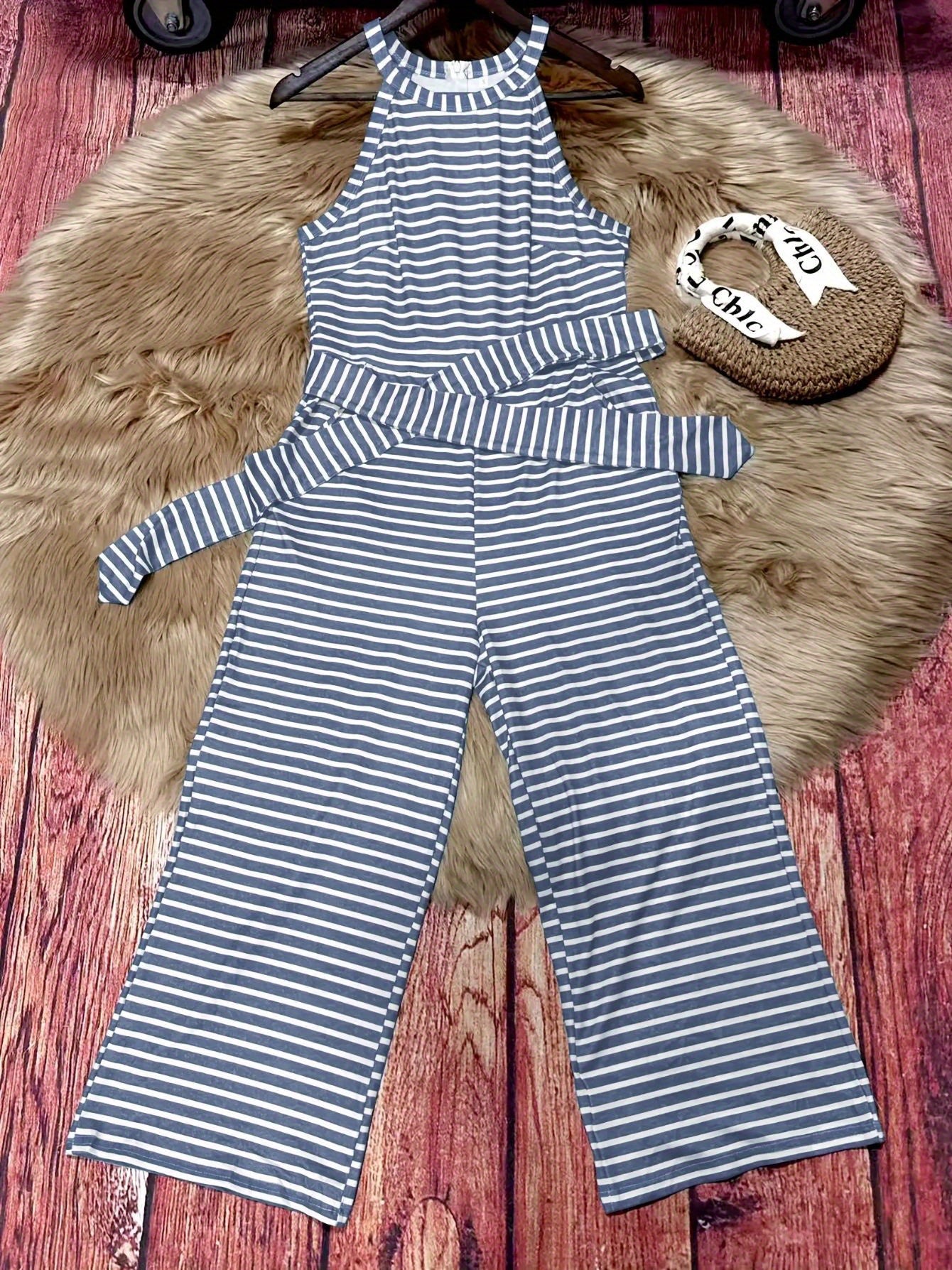 Women'S Striped Sleeveless Tank Top Jumpsuit with Belt - High-Waisted Wide-Leg Pants, Machine Washable, Summer Vacation Style, Black & White Vertical Stripes, Loose Fit for Casual Outings, Summer Outfit | Decorative Bow Belt | Comfortable Wear