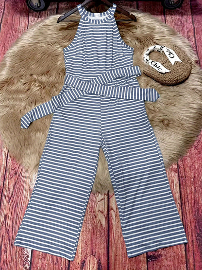 Women'S Striped Sleeveless Tank Top Jumpsuit with Belt - High-Waisted Wide-Leg Pants, Machine Washable, Summer Vacation Style, Black & White Vertical Stripes, Loose Fit for Casual Outings, Summer Outfit | Decorative Bow Belt | Comfortable Wear
