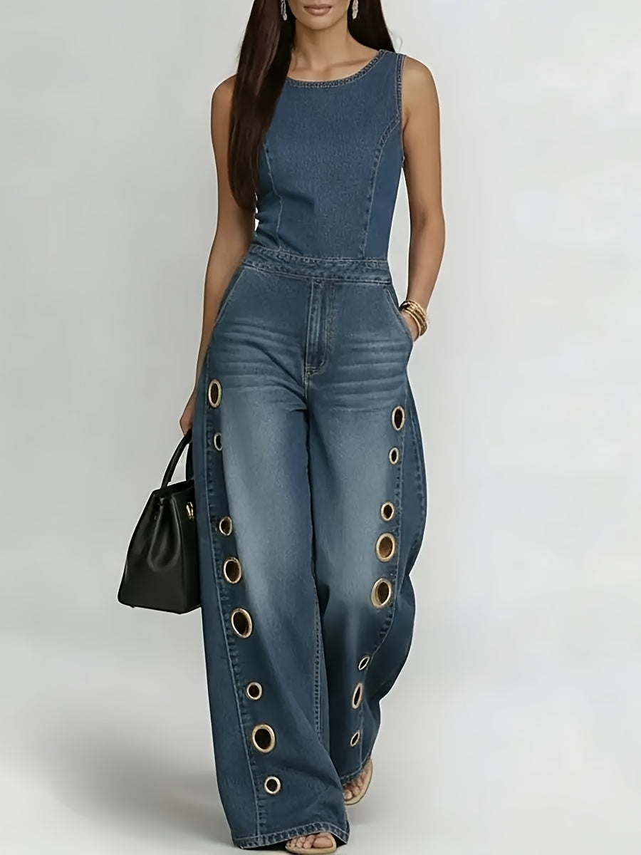 [Retro Denim Jeans] New Retro Style Denim Jeans for Women, With Metal Eyelets Designed for Casual And Loose Fit, High Waisted And Wide Leg Jeans, Street Cool Women's Clothing, Black Retro Blue Light Blue Women's Straight Leg Denim Pants
