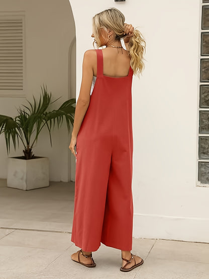 Women's Loose Fit Cotton-Linen Overalls Jumpsuit - Adjustable Strap Wide Leg Romper Pants with Zipper Closure, Non-See-Through Lightweight One-Piece Outfit for Women, Casual to Formal Events (Spring/Fall/Summer) - Everyday & Formal Wear, Ladies Rompers An