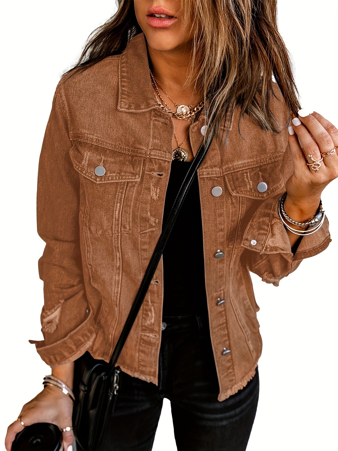 Women's Ripped Washed Button-Up Boyfriend Denim Jacket Coat with Pockets, Casual Classic Distressed Denim Outerwear TZ001
