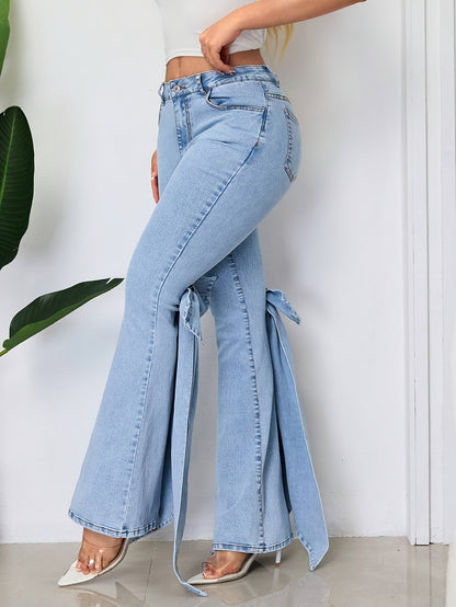 These Mid-Rise Flared Jeans for Women Feature Large Bow Ribbon Accents, Are Slim-Fitting with a Bit of Stretch, And Are Perfect for Any Season And a Variety of Events