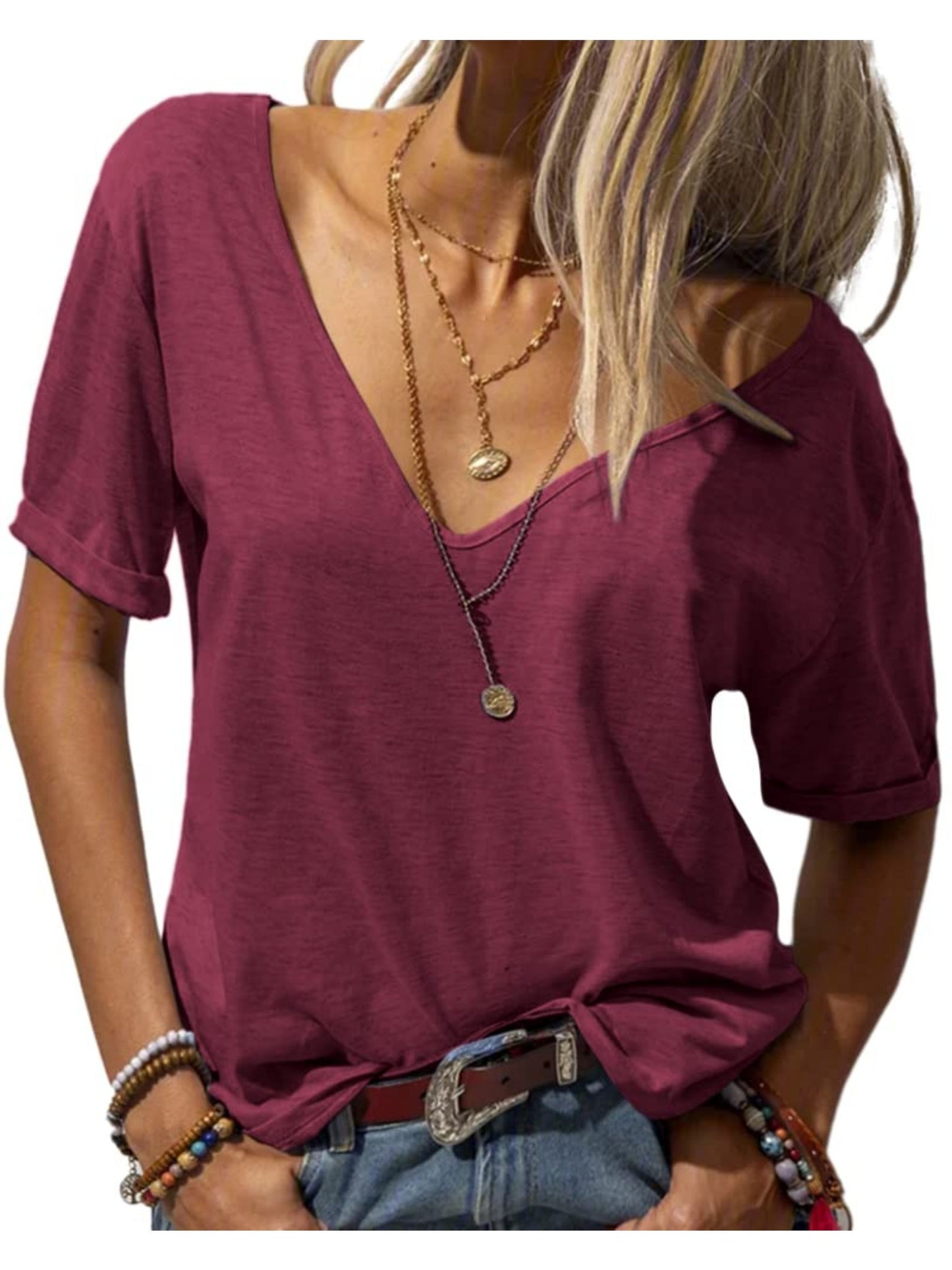 Casual Loose Basic T-Shirt for Women with a Deep V-Neck And Short Sleeves