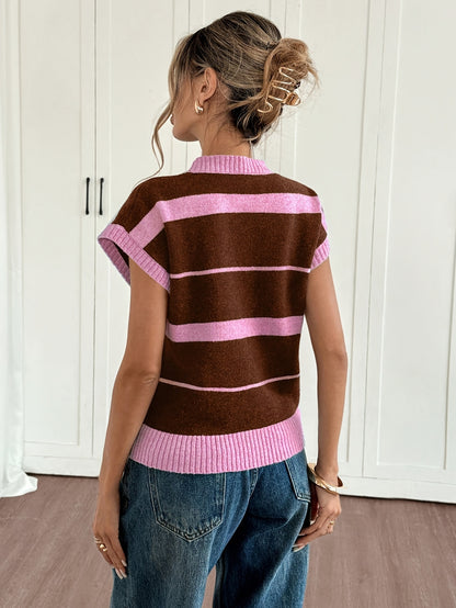 Women'S Striped Sweater - Fall/Winter Cozy, Short Sleeve, Trendy Chic, Breathable Knitwear, Ideal for Casual Fridays, Coffee Dates, Outdoor Gatherings