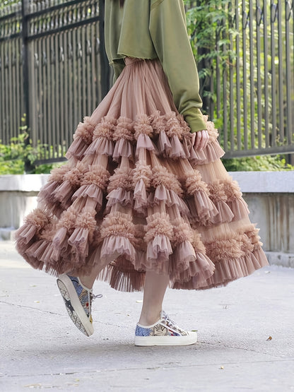 Women'S Tulle Tutu Skirt High-Low Flowy A-Line Ballet Skirt With Elastic Waist, Layered Mesh Fluffy Long Skirt For Beach Party Streetwear Wedding Cake Winter Fashion Outfits
