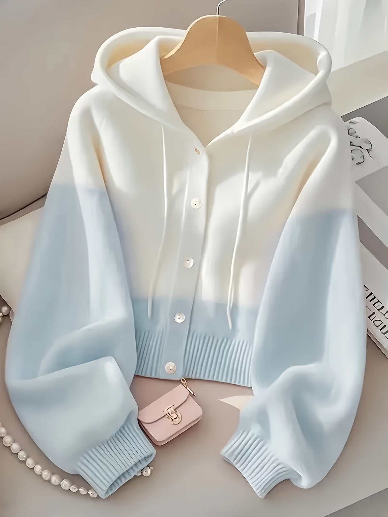 Plus Size - Fresh Pink & White Contrast Hooded Cardigan, Cozy Long Sleeve Cardigan with Button Details, Perfect for Fall/Winter