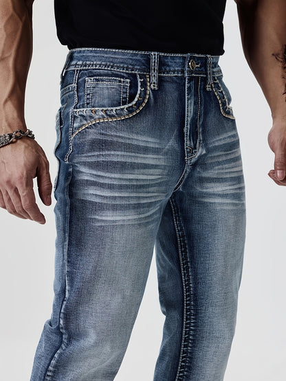 ESDVQ Men's Slim-Fit Classic Washed Denim Bell-Bottom Jeans - Mid-Stretch Machine-Washable Flared Pants with Suitable for All-Season Wear, Comfortable Stretchable Bell-Bottoms for Casual & Dressy Outfits