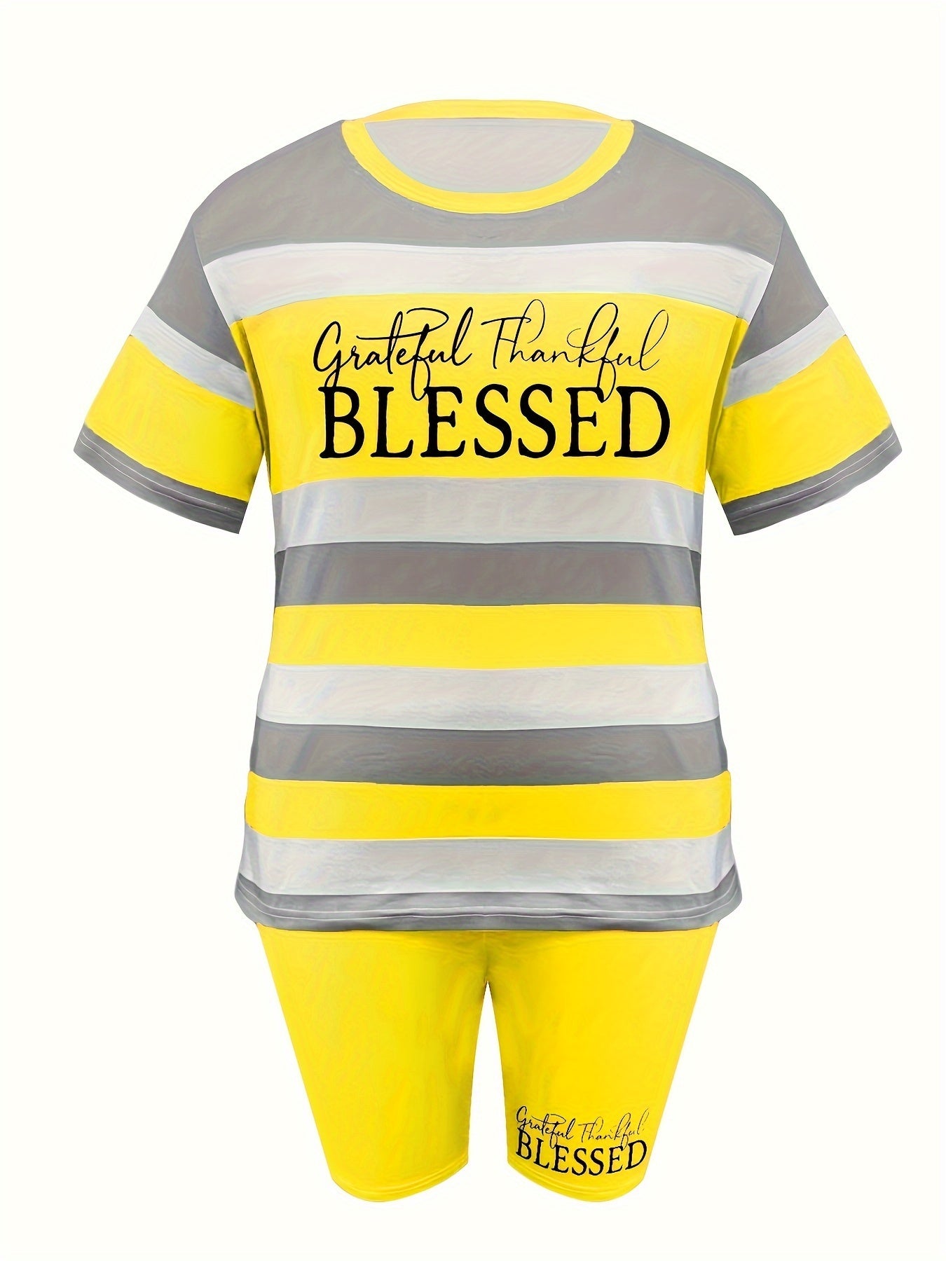 Plus Size BLESSED Print Biker Shorts Set, Striped Short Sleeve Crew Neck T-shirt & Pocket Biker Shorts, Women's Plus Size Clothing