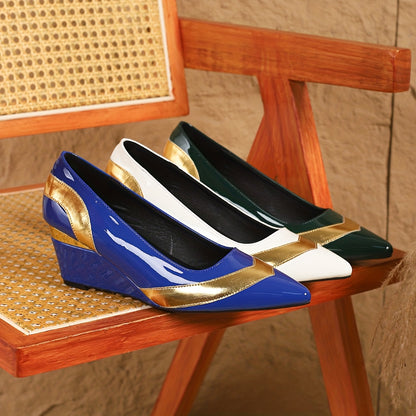A Pair of Women'S Single Shoes with Black And Golden Color, Pointed Toe, Thick-Soled Comfortable Wedge Heels, Fashionable Leisure Elegant High, Shopping Banquet Commuting Single Shoes, Four Seasons Fashion High-Grade Noble Versatile ., Women Shoes
