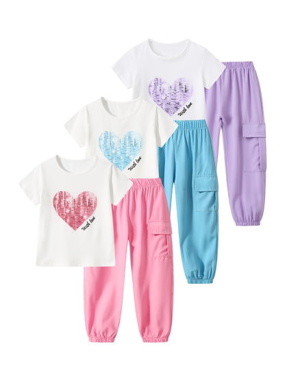 6pcs Girls Casual Love Print Summer Set 8 Years Old Girls Round Neck Short Sleeve Dopamine Work Pants 10 Years Old Children's Explosive Clothing Children's Clothing Summer, Perfect for Outdoor