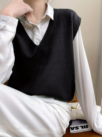 Cozy Womens Solid Knitted Sweater Vest - Soft V Neck Sleeveless Top For Chic Fall & Winter Layering - Versatile Casual Style