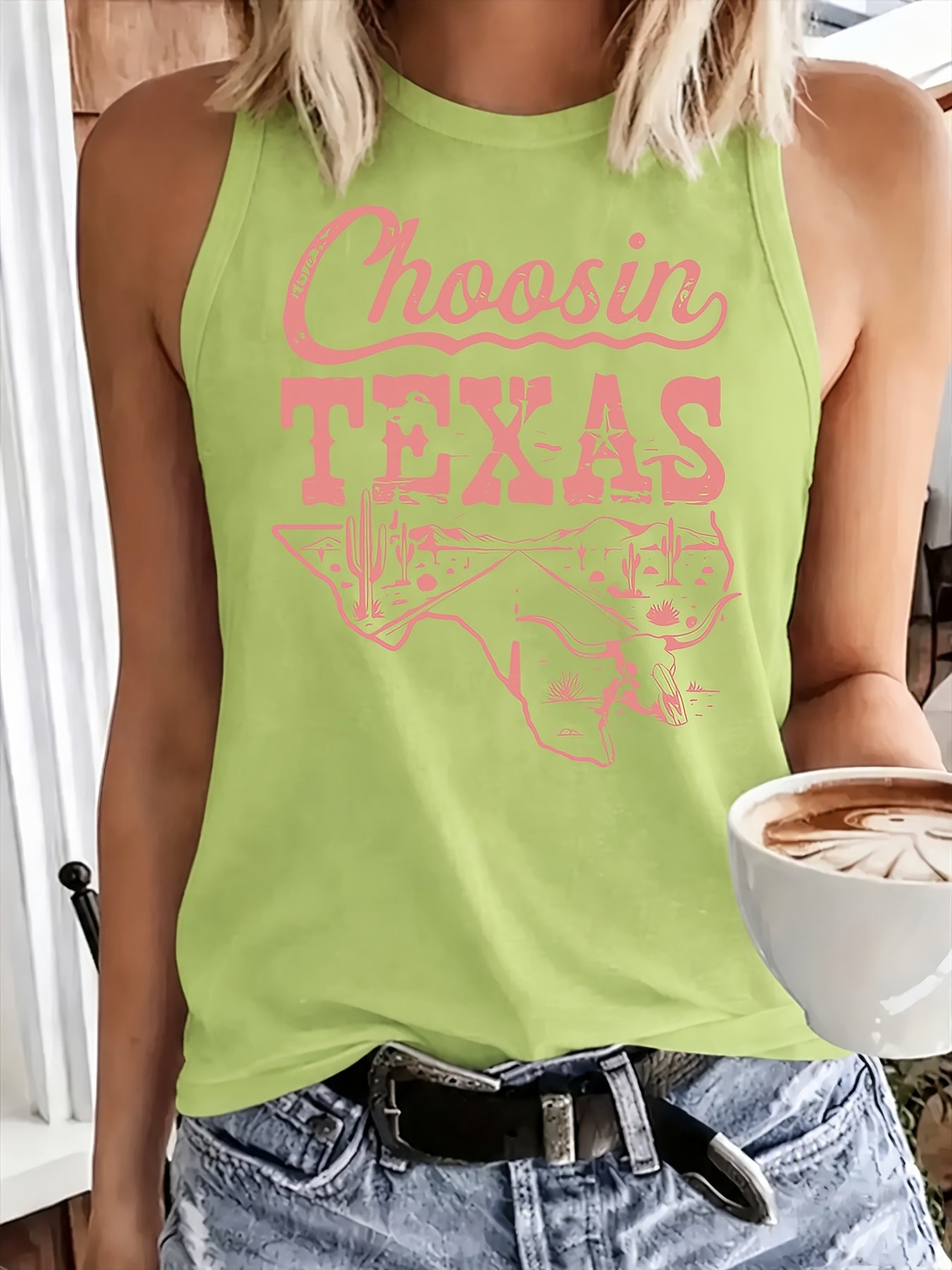 Women's Casual Sleeveless Tank Top with Texas Outline Design, Loose Breathable Opaque Fabric, Backless Round-Neck Lightweight T-Shirt, Machine Washable, for Women, Spring/Summer Outdoor Fashionable Shirt