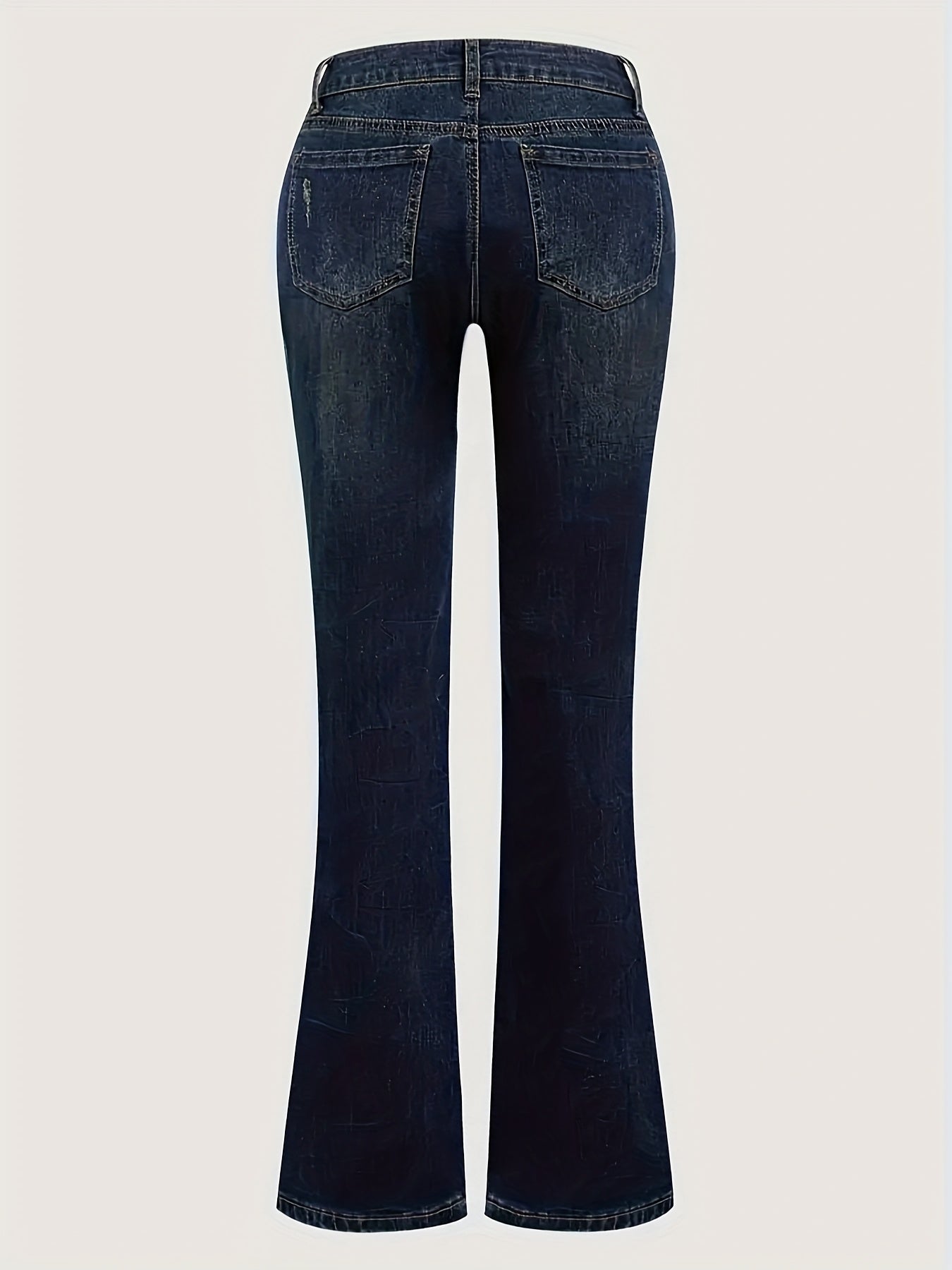 Retro-Inspired Denim Trousers in a Deep Blue Wash, Featuring a Slightly Flared Cut for Women. These Versatile Pants Are Perfect for Any Season, Made from Elastic Fabric for a Comfortable Fit That Enhances The Hips