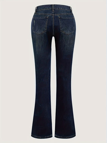 Retro-Inspired Denim Trousers in a Deep Blue Wash, Featuring a Slightly Flared Cut for Women. These Versatile Pants Are Perfect for Any Season, Made from Elastic Fabric for a Comfortable Fit That Enhances The Hips