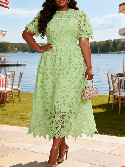 Plus Size - Plus Size - Plus Size Round Neck Lace Dress, Elegant Midi Length with Waist Definition, Formal Banquet And Evening Gown