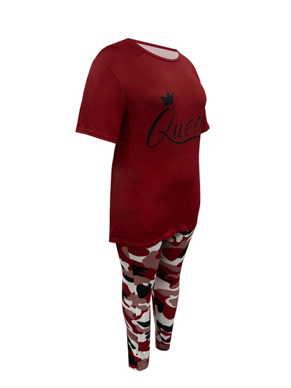 Plus Size - LADIES' Plus Size Daily Fashion Casual Set: Letter Print Crew Neck Short Sleeve T-shirt + Camouflage Long Pants With Pockets