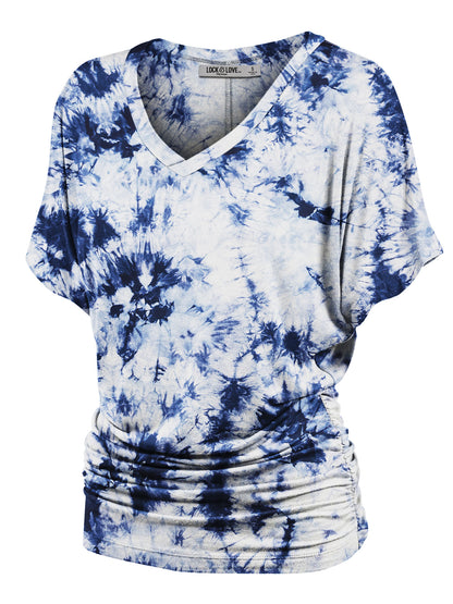 Women's Short Sleeve V Neck Tie-Dye Dolman Top w/Side Shirring
