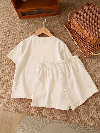 2pcs Set, New Summer Outfit Girls: Print Short-Sleeve Top And Loose Shorts, Suitable Aged 5-14, Essential Outdoor Travel And Casual Sports Wear, for Outdoor
