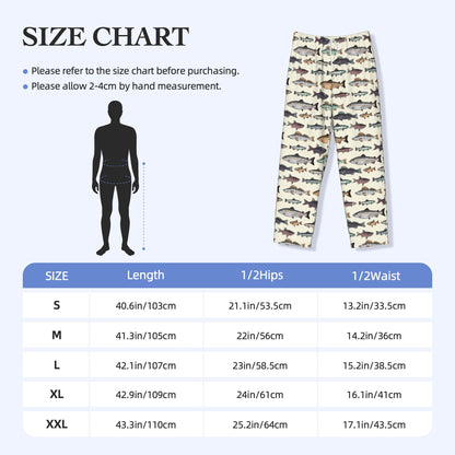 Different Species of Fish Pattern Mens Fleece Pajama Pants, Warm Lounge Pj Bottoms for Men with Pockets Soft