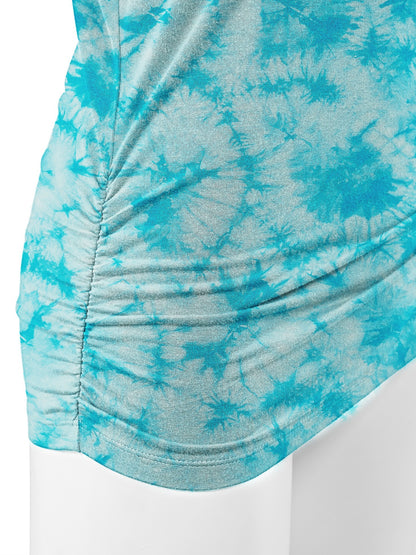 Women's Short Sleeve V Neck Tie-Dye Dolman Top w/Side Shirring