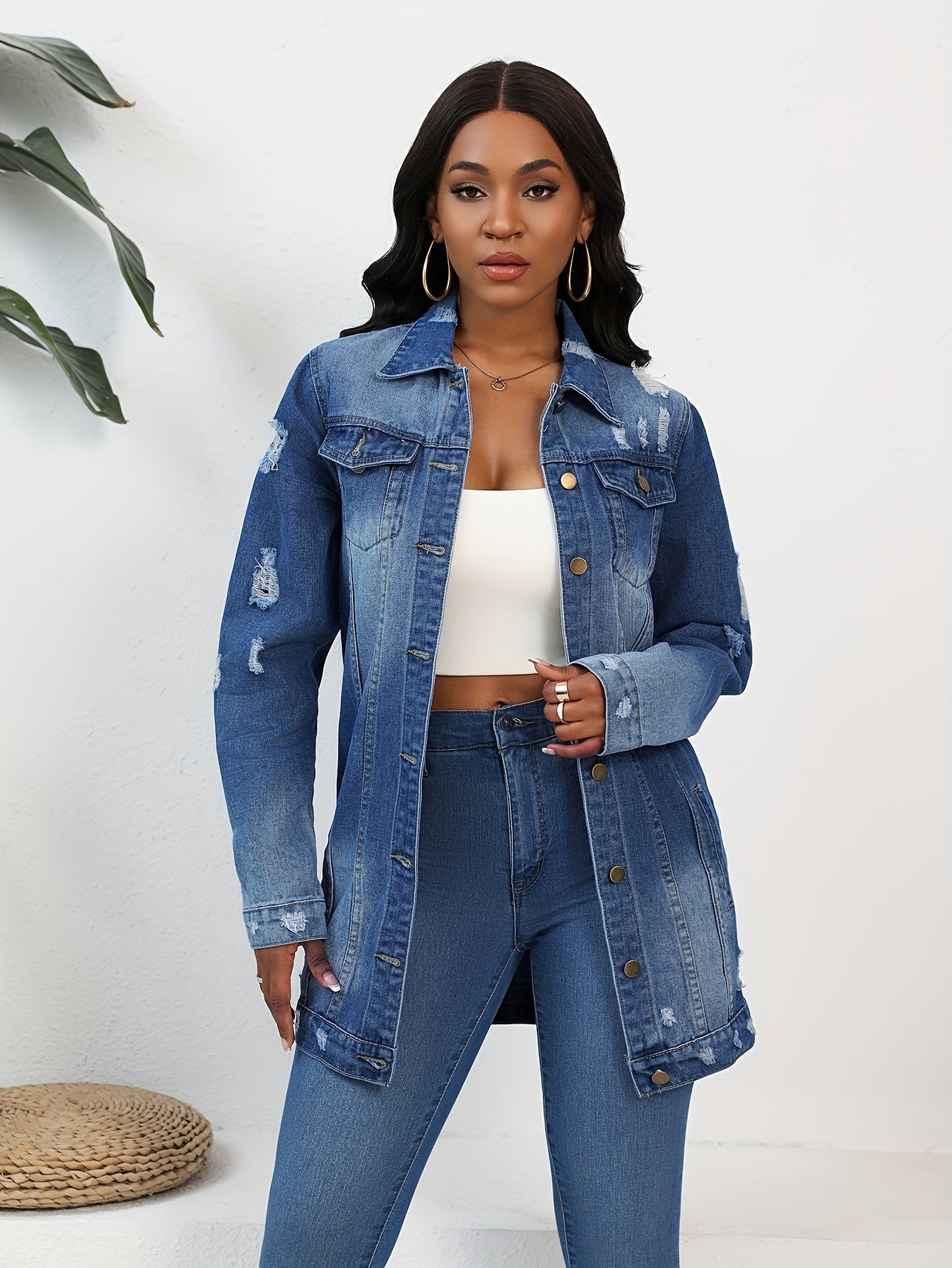 Women Fashion Solid Ripped Turn-down Collar Jean Jacket For Women Loose Casual Blue Fashionable Women Coats Female Outwear Denim Dark Blue Jacket For Women