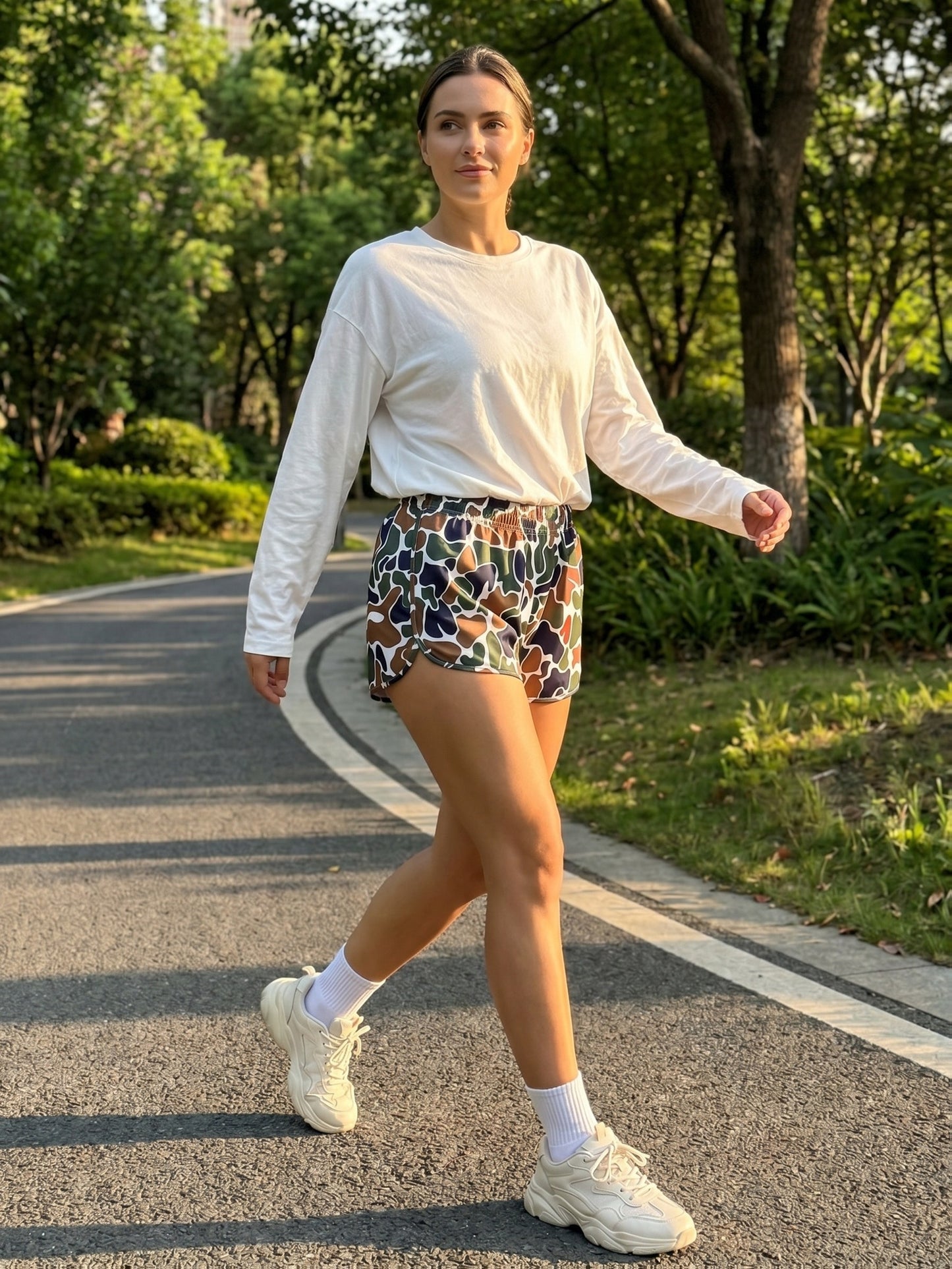 Camouflage Shorts - Green Brown Camo Elastic Waist with Drawstring, Durable Polyester Shorts Suitable for Park Strolling, Home & Outdoor Activities, Spring Summer Casual Wear, Camo Shorts for Everyday Use