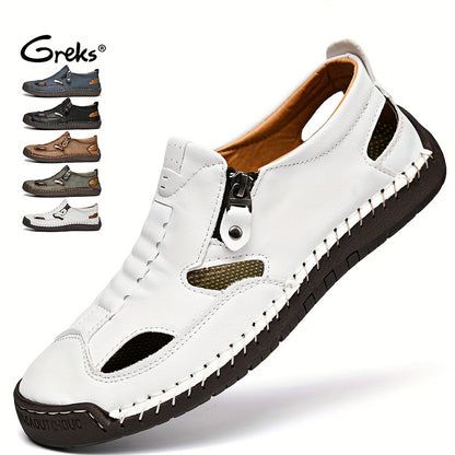 GREKS Men's Closed-Toe Fisherman Sandals Slip-On | Breathable Comfortable Casual Loafers for Summer Outdoor Driving & Walking | Side Zipper Hand-Sewn