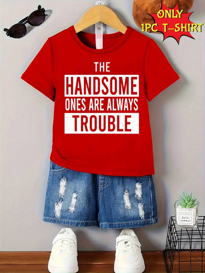 Gourd Doll'S Summer Casual T-Shirt - "The Attractive Ones Always Bring Trouble" Bold Letter Print, Red Crew Neck Tee, Machine Washable, Comfortable Fit