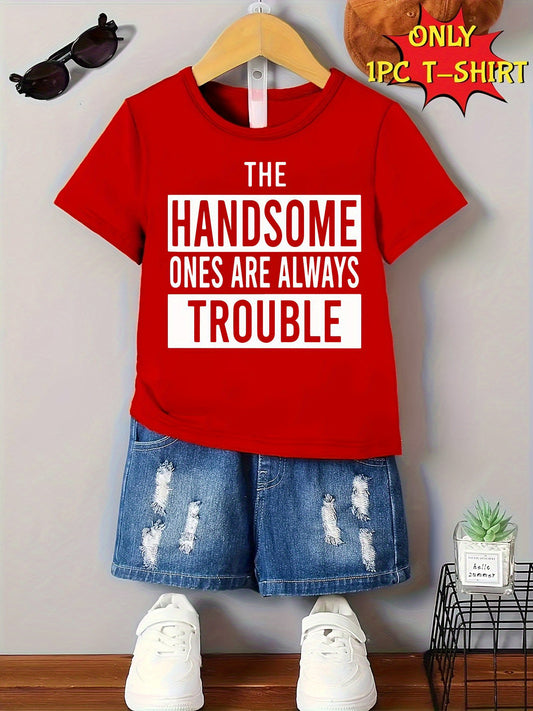 Gourd Doll'S Summer Casual T-Shirt - "The Attractive Ones Always Bring Trouble" Bold Letter Print, Red Crew Neck Tee, Machine Washable, Comfortable Fit