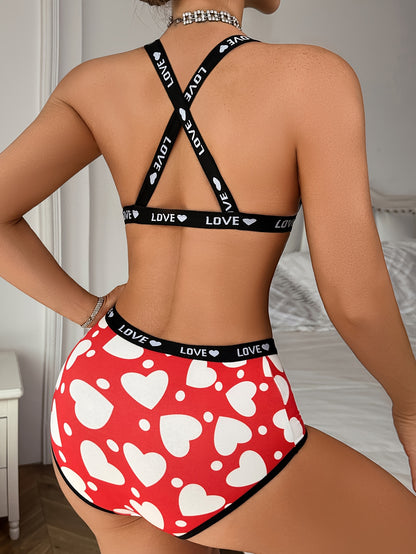4sets Sexy Lingerie Set, Romantic Heart And Red Lip Print, Breathable Trendy Printed Comfortable Front Closure Bra And Panty Set, Quick-drying Sports Underwear Set, Contrast Letter Straps Detailing, Women'S Sexy Lingerie & Underwear