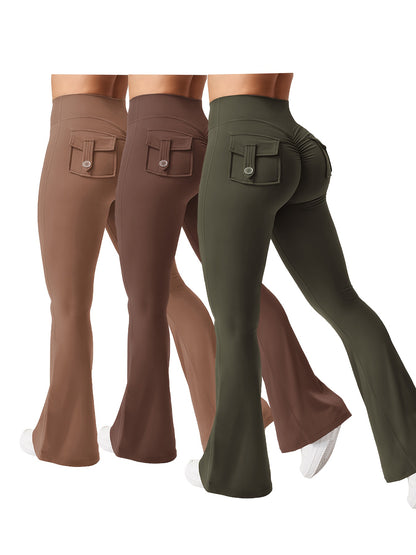 Women's Autumn 3pcs Set, New Style Casual Flared Yoga Pants, Training Flared Trousers, High-Waist Workwear with Belt and Pockets, Sportswear, Halloween Costume, Christmas Apparel