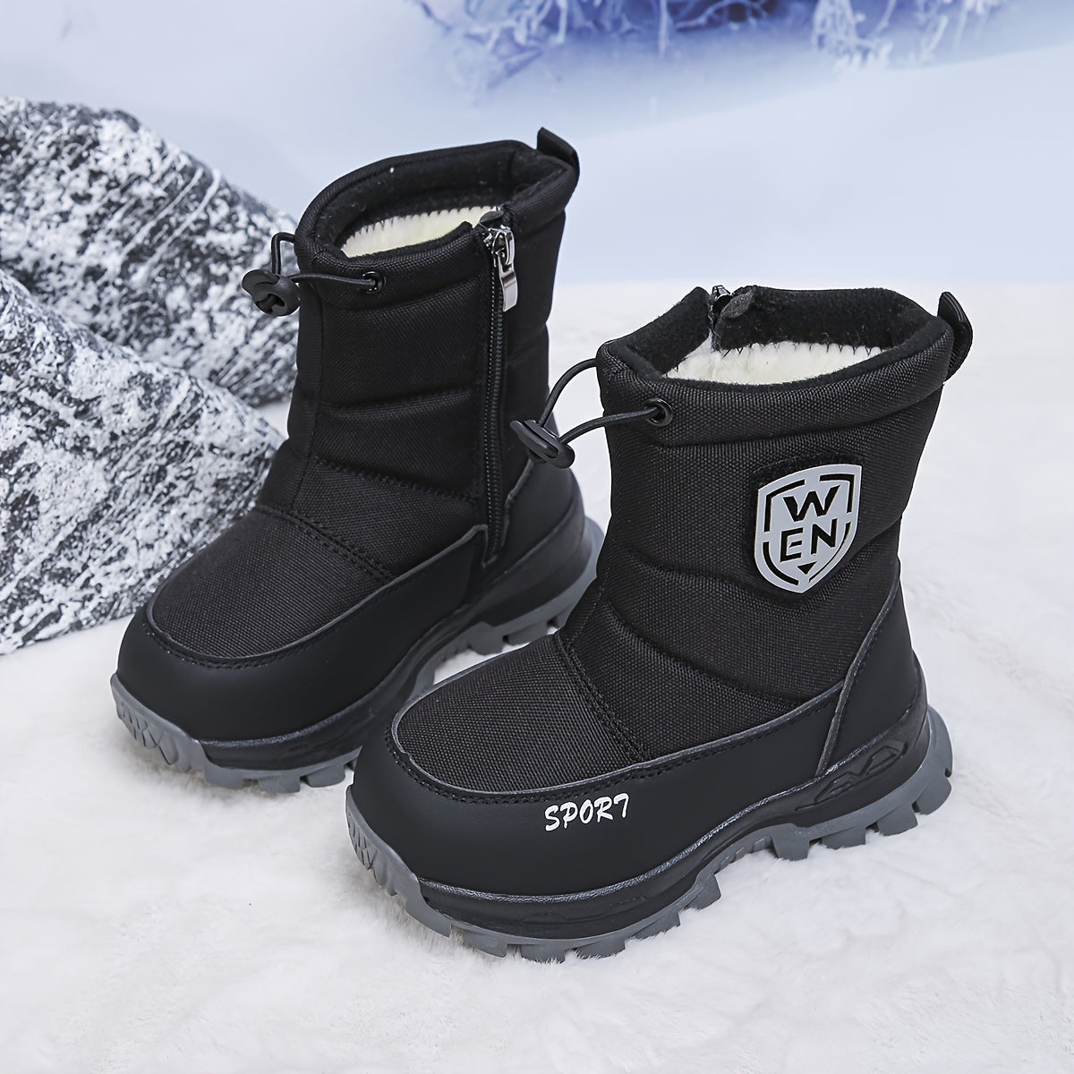 One Pair Kids' Winter Snow Boots with Fleece Lining, Nylon Upper & Anti-Slip Thick Sole - Round Toe, Zip + Drawstring Closure for Boys & Girls, Outdoor Winter Wear, Winter Sports Gear | Sporty Winter Boots | Durable Rubber Sole
