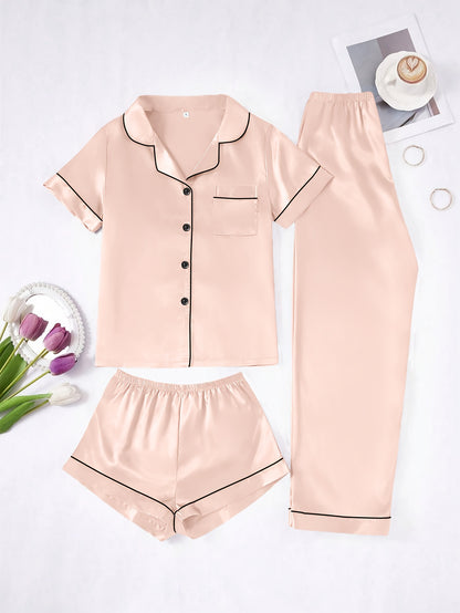 Solid Color Women'S Simple And Comfortable 3pcs Pajama Set, Includes 3pcss: Collared Short-Sleeve Top & Elastic Waist Shorts & Elastic Waist Long Pants Women'S Pajama Set