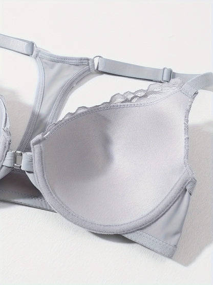 3pcs Front Closure Lace Patchwork Bras for Women with Underwire, Push-Up, Anti-Sagging, Sexy Back Design, Suitable for Dating