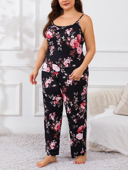 Large Size Women'S Flower Print Cami Top & Long Pants & Long Sleeve Robe 3pcs Elegant Casual Pajama Set