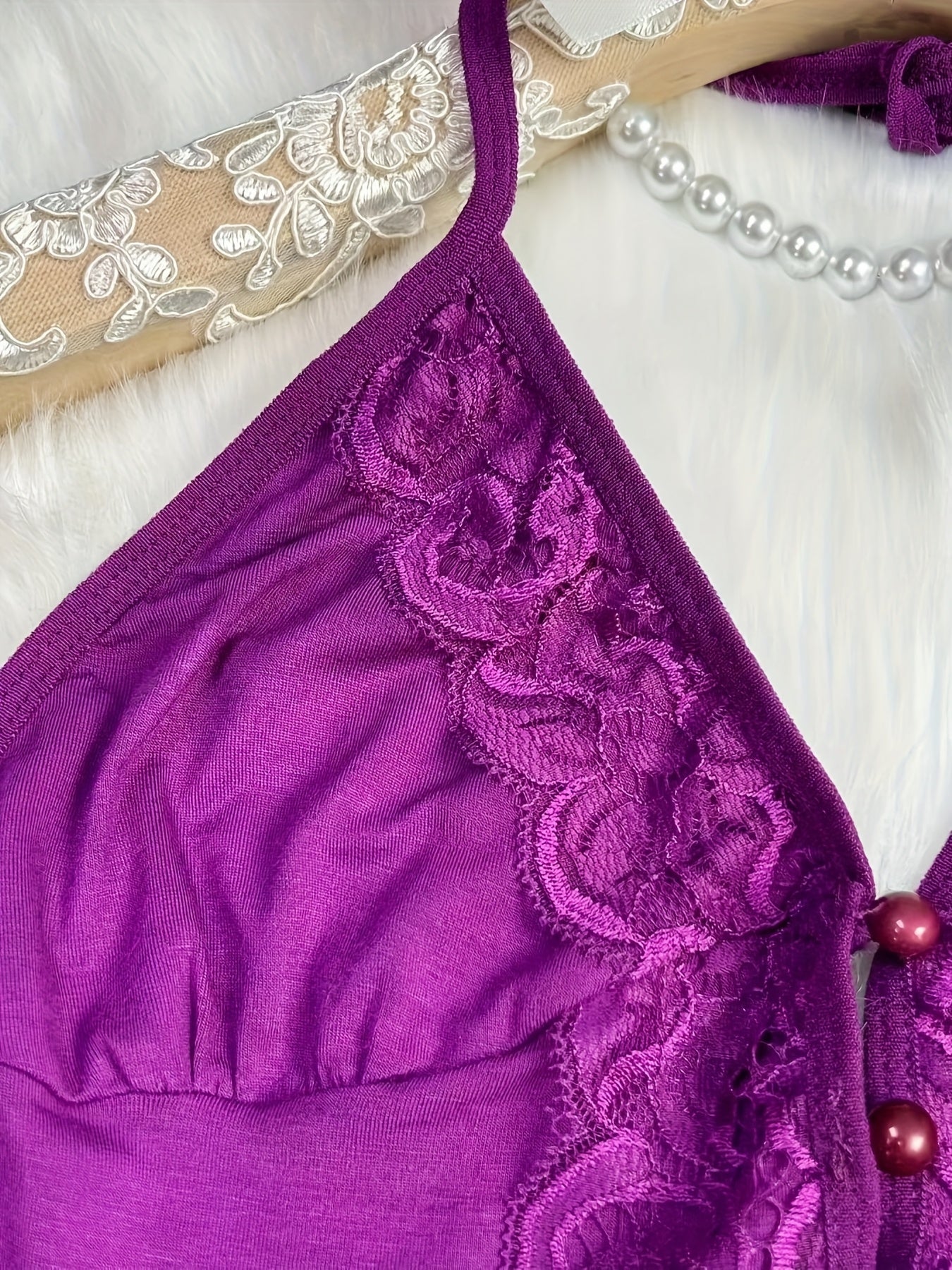 Spring/Summer New Gift Set: Solid Color Lace Trim Halter Neck Tie-Back Button-Up Open-Back Lace Trim Soft Skin-Friendly Sexy Home Sleepwear Set
