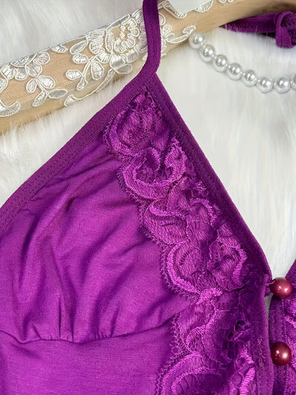 Spring/Summer New Gift Set: Solid Color Lace Trim Halter Neck Tie-Back Button-Up Open-Back Lace Trim Soft Skin-Friendly Sexy Home Sleepwear Set