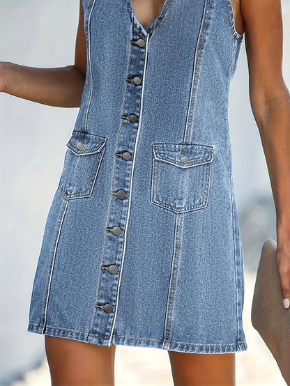 V-neck Single Breasted Flip Pocket Sleeveless Denim Dress
