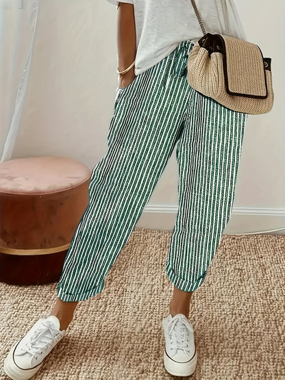 Women's High-Waisted Casual Wide Leg Pants - Lightweight Polyester, Machine Washable, All-Season Comfort with Side Stripe Detailing, 3/4 Length Relaxed Fit for Casual Attire, Comfy Pants, Versatile Wardrobe Staple, Stylish Stripe Detailing, Durable Constr