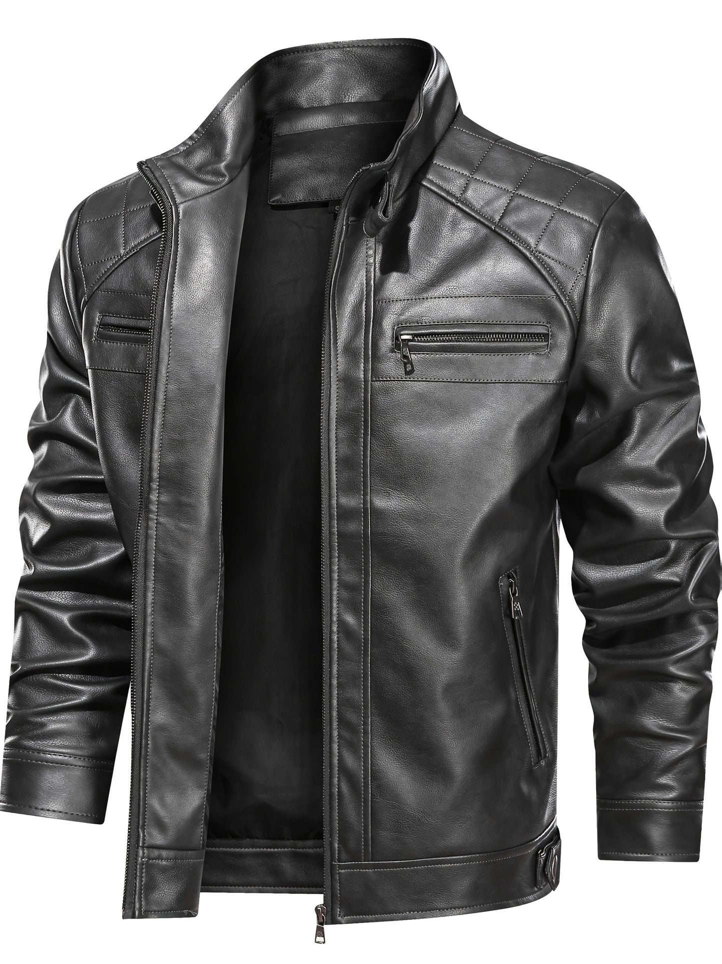 Men's Stand Collar PU Leather Jacket Lightweight Faux PU Leather Motorcycle Casual Jacket