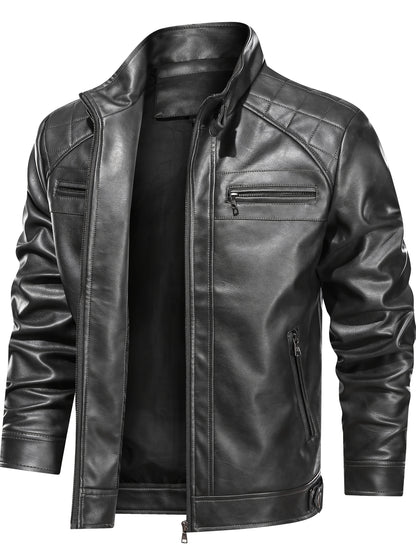 Men's Stand Collar PU Leather Jacket Lightweight Faux PU Leather Motorcycle Casual Jacket