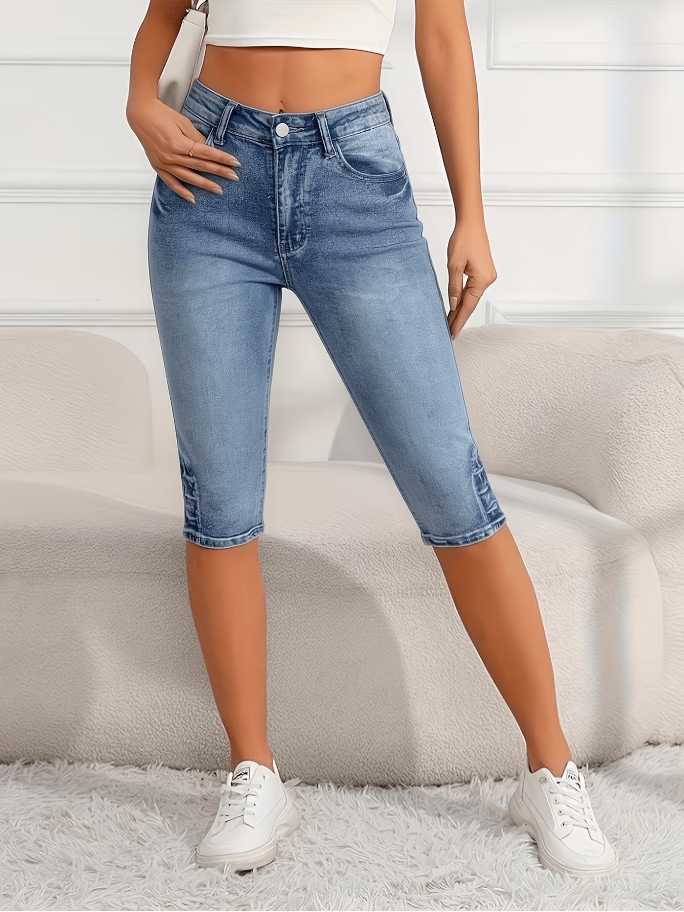 High Waist Light Blue Denim Capri Pants, Stretchy Slim Fit Casual Trousers For Women, Summer Versatile Bottoms