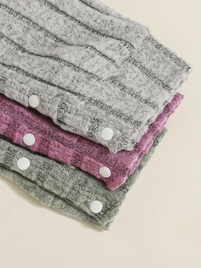 3pcs girls' autumn and winter set in pink, purple, gray, and green with round neck button-up long-sleeve jumpsuit, Perfect for Outdoor