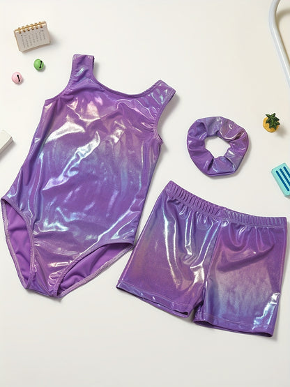 Girls' Sleeveless Gymnastics Bodysuit + Shorts + Headwear, Perfect for Outdoor